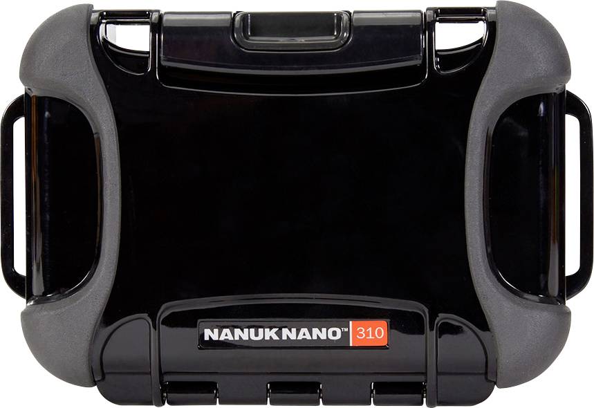 Black, robust Nanuk Nano 310 case with grey corners and carry handles.