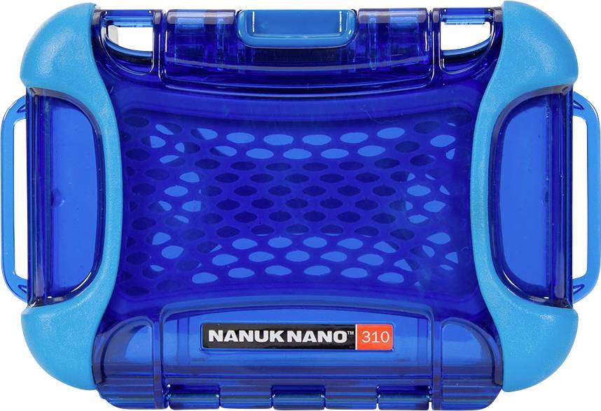 A blue, robust Nanuk Nano 310 protective case with a transparent mesh design and grey handle, suitable for secure storage.