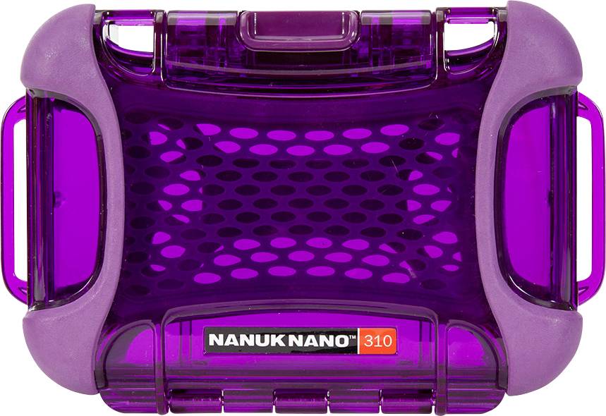 Lilac protective case with a sturdy handle, ventilated sides and a red logo sticker with the inscription NANUK NANO 310 on the front.