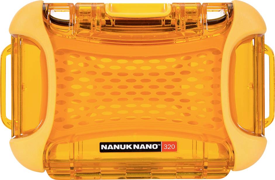 A transparent, orange storage box with rounded corners and the text 'NANUK NANO 320' on the front.