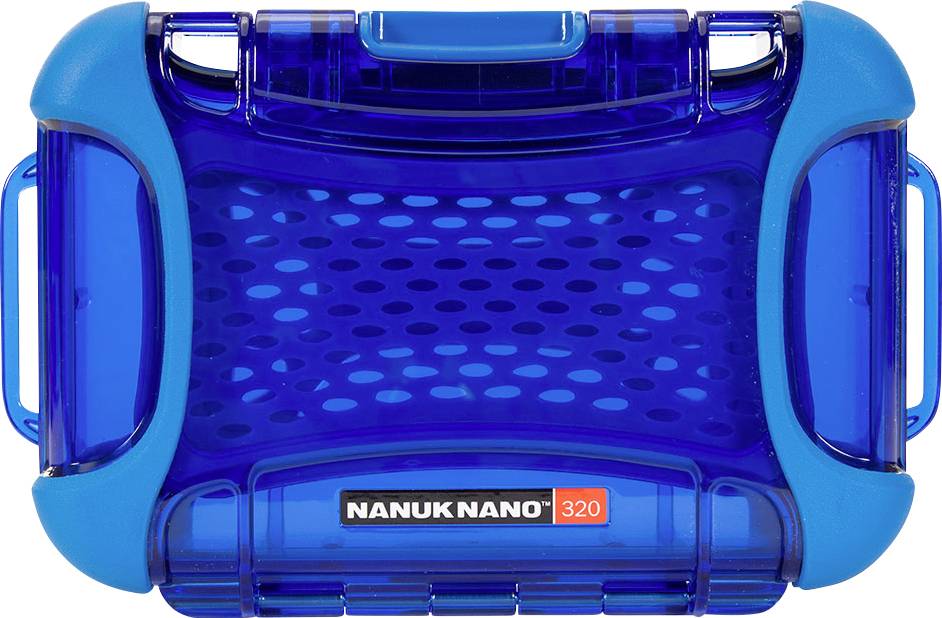 A blue, transparent protective case by Nanuk, model Nano 320, with reinforced corners and a lattice pattern on the surface.