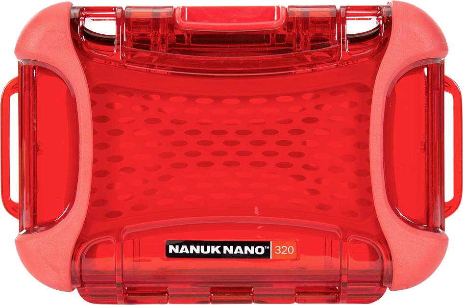 Red, transparent protective case by the brand 'Nanuk Nano 320' with a robust locking mechanism, suitable for storing small items.