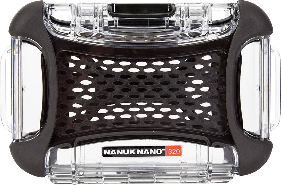 Transparent, robust protective case 'Nanuk Nano 320' with black mesh design and side handles.