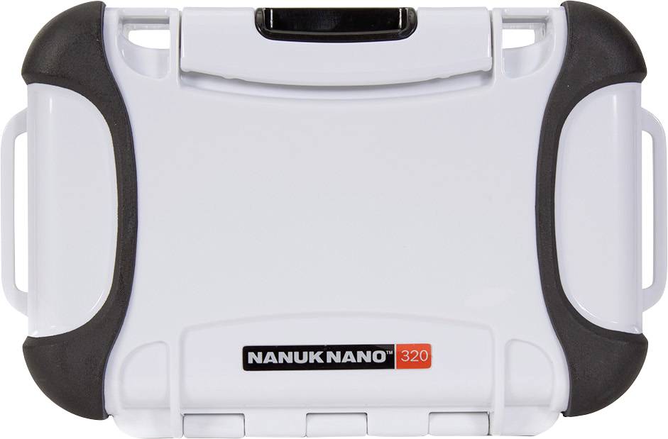 White, robust protective case with a black handle and a closable flip lock, marked with the 'Nanuk Nano 320' logo.