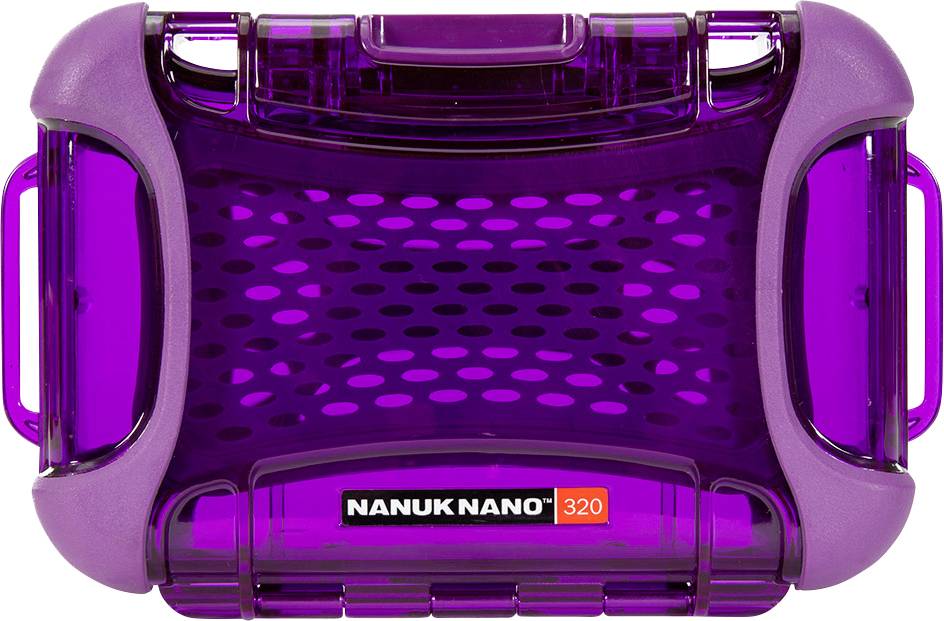 Lila Box with transparent, dotted design. Label inscribed with 'Nanuk Nano 320'. Robustly constructed for protection and storage.