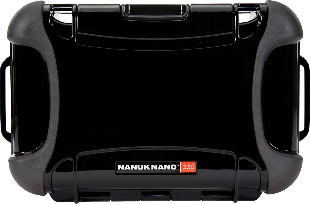 Robust, black protective case for small items, printed with 'Nanuk Nano 330'. Suitable for protection against impacts and water.