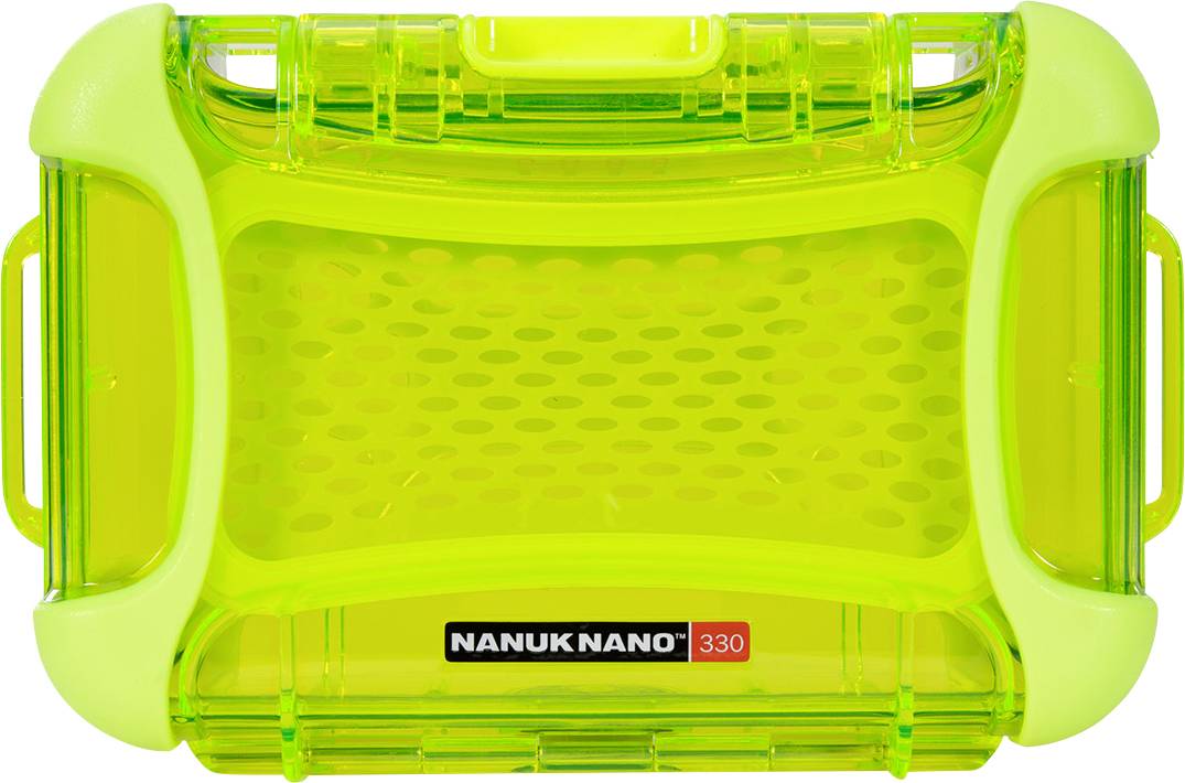 Green, transparent Nanuk Nano 330 case with a robust design and side latches, suitable for protecting smaller items.