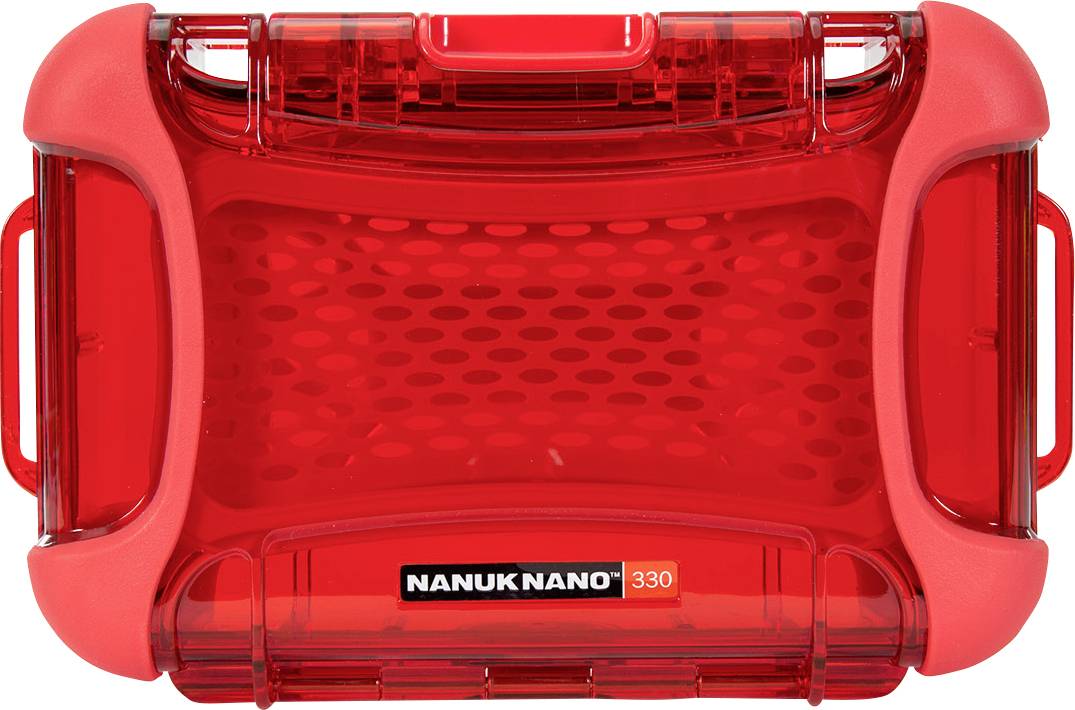 Red, waterproof protective case with the inscription 'NANUK NANO 330', suitable for the secure transportation of smaller items.