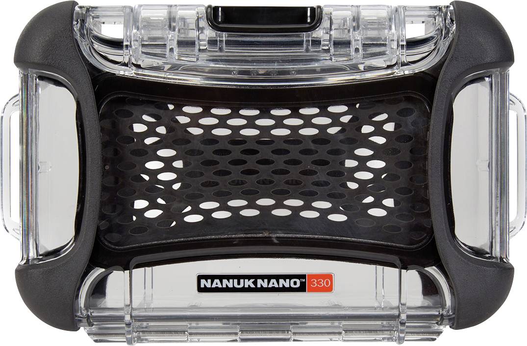 Black, robust case with a transparent plastic lid. Text 'NANUK NANO 330' in the centre of the front side.