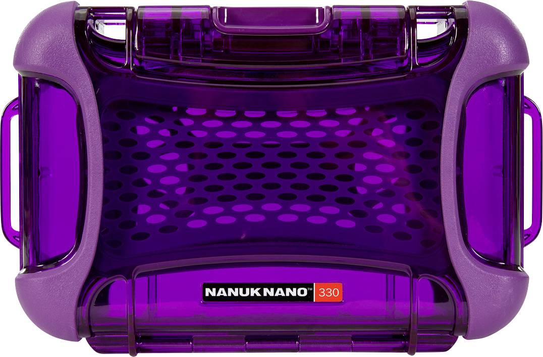 A purple, rectangular protective case with a translucent plastic lid, labelled 'Nanuk Nano 330'.