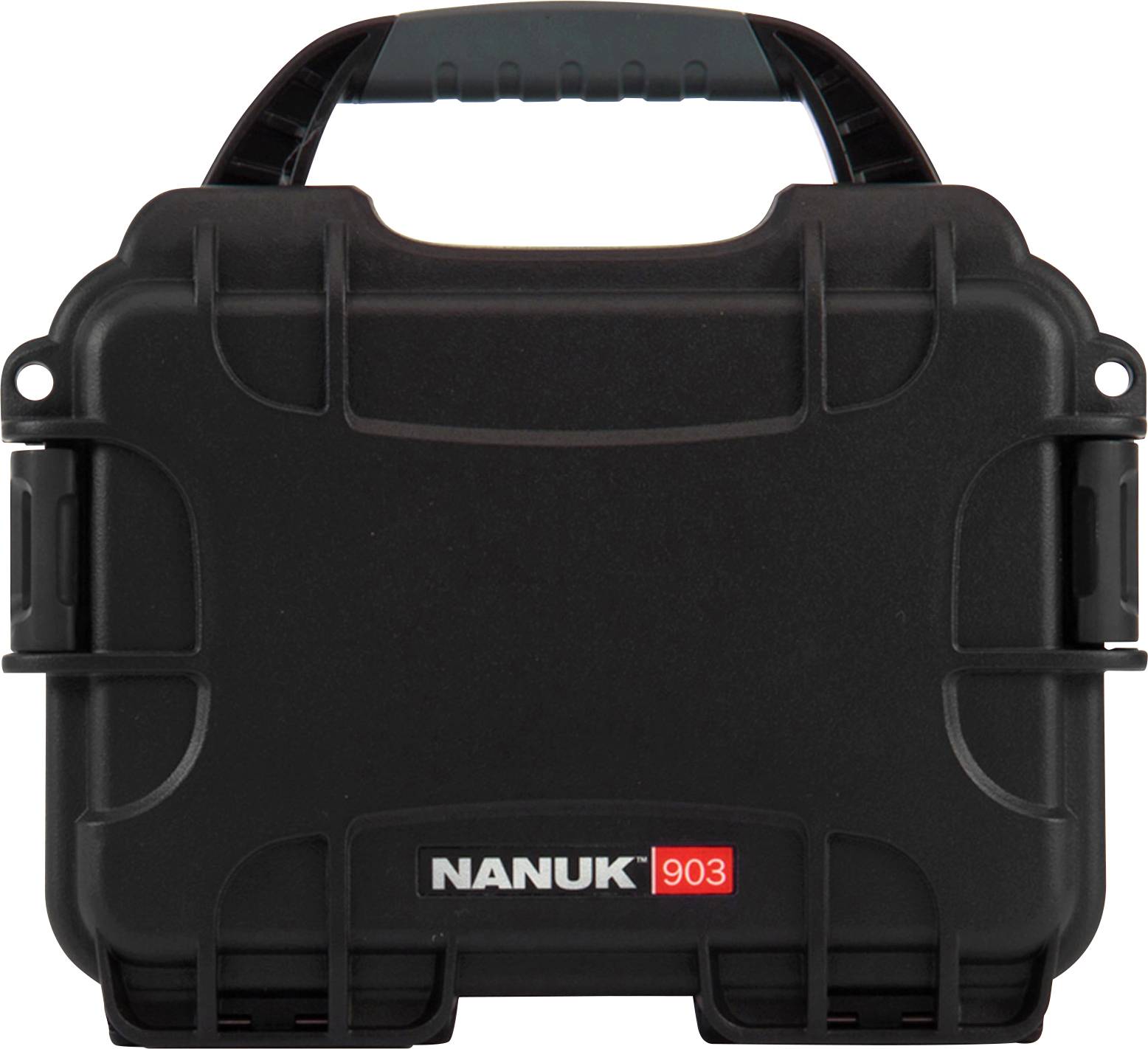 Black, robust transport case with red 'NANUK 903' label, suitable for safely transporting delicate items.
