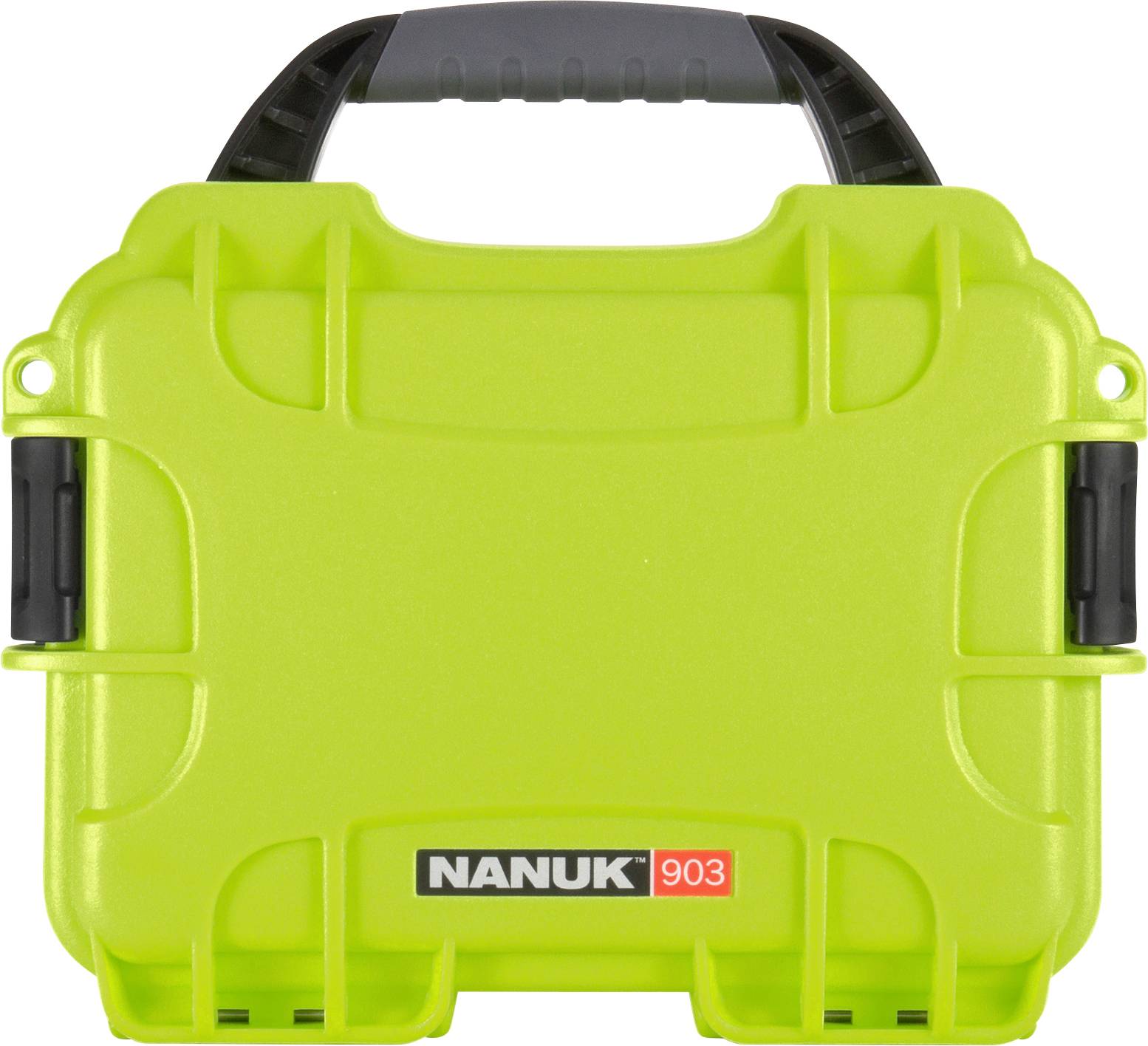 Green, sturdy carrying case with black handle and closure, printed with 'NANUK 903'. Suitable for secure transport and protection.