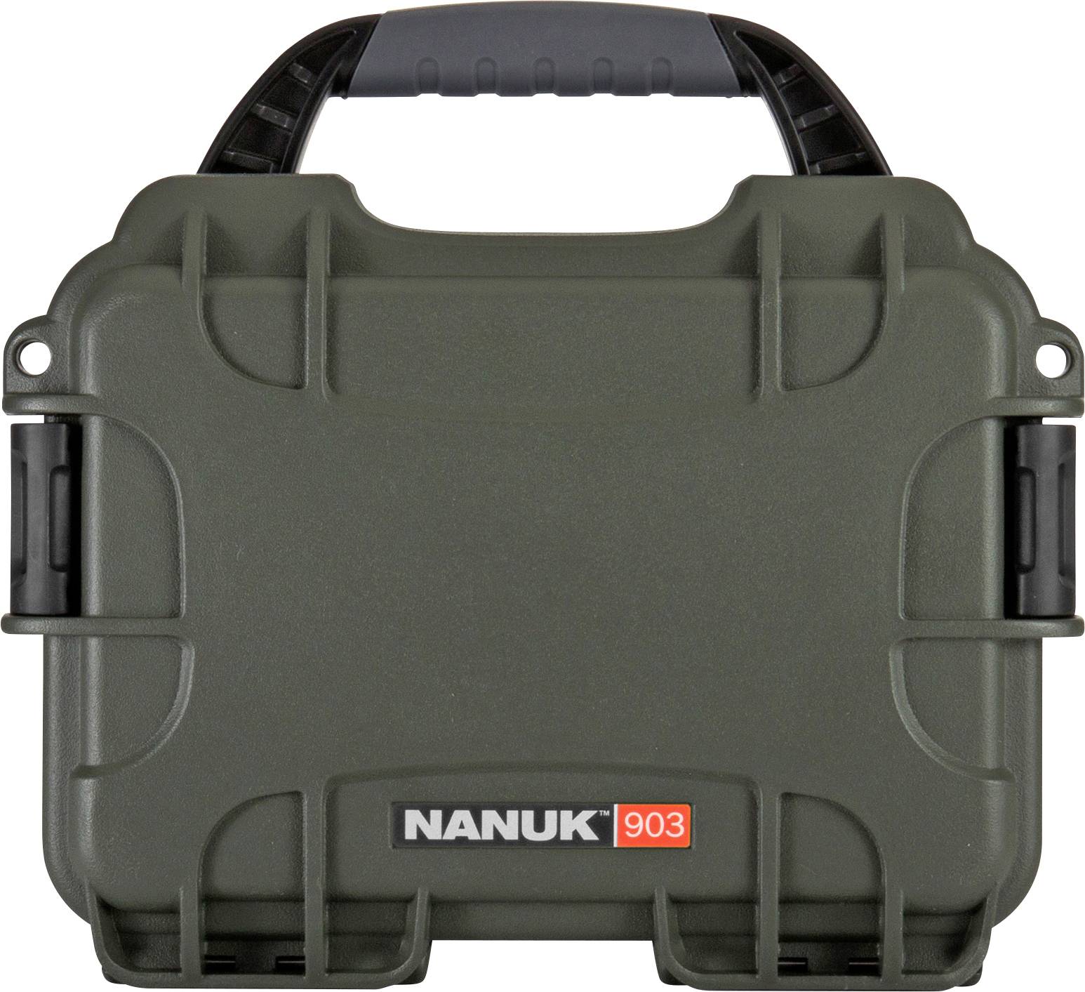 Robust olive green protective case with black handle and clasps, 'Nanuk 903' brand name on the front, designed for secure transportation.