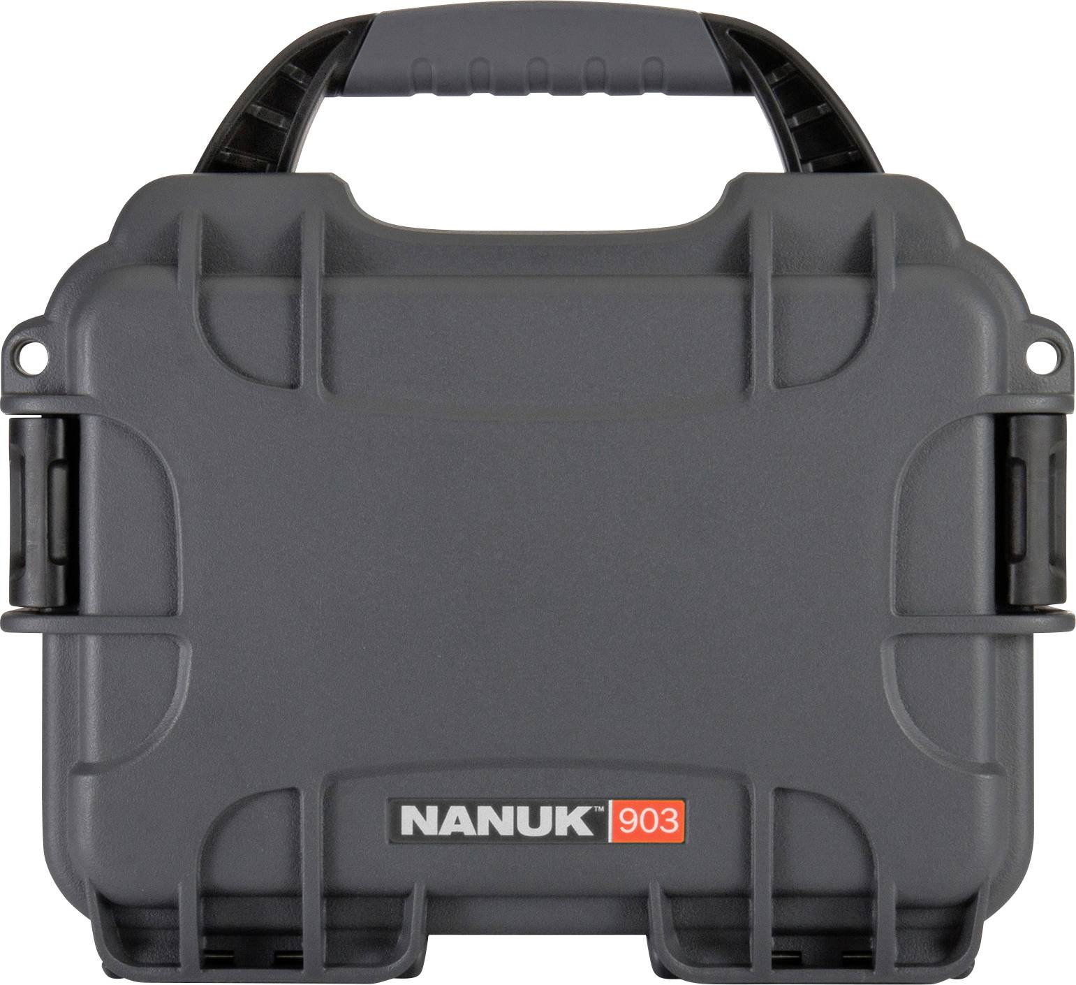 'Nanuk 903' Protective Case, dark grey, robust design with handle, suitable for safely transporting delicate items.
