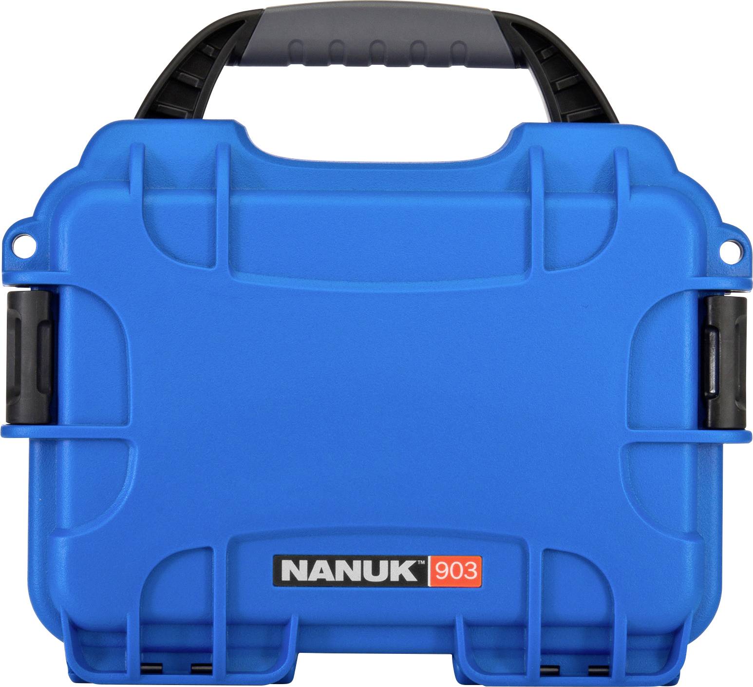 Blue, robust protective case with handle, labelled 'NANUK 903'. Suitable for transporting delicate equipment.