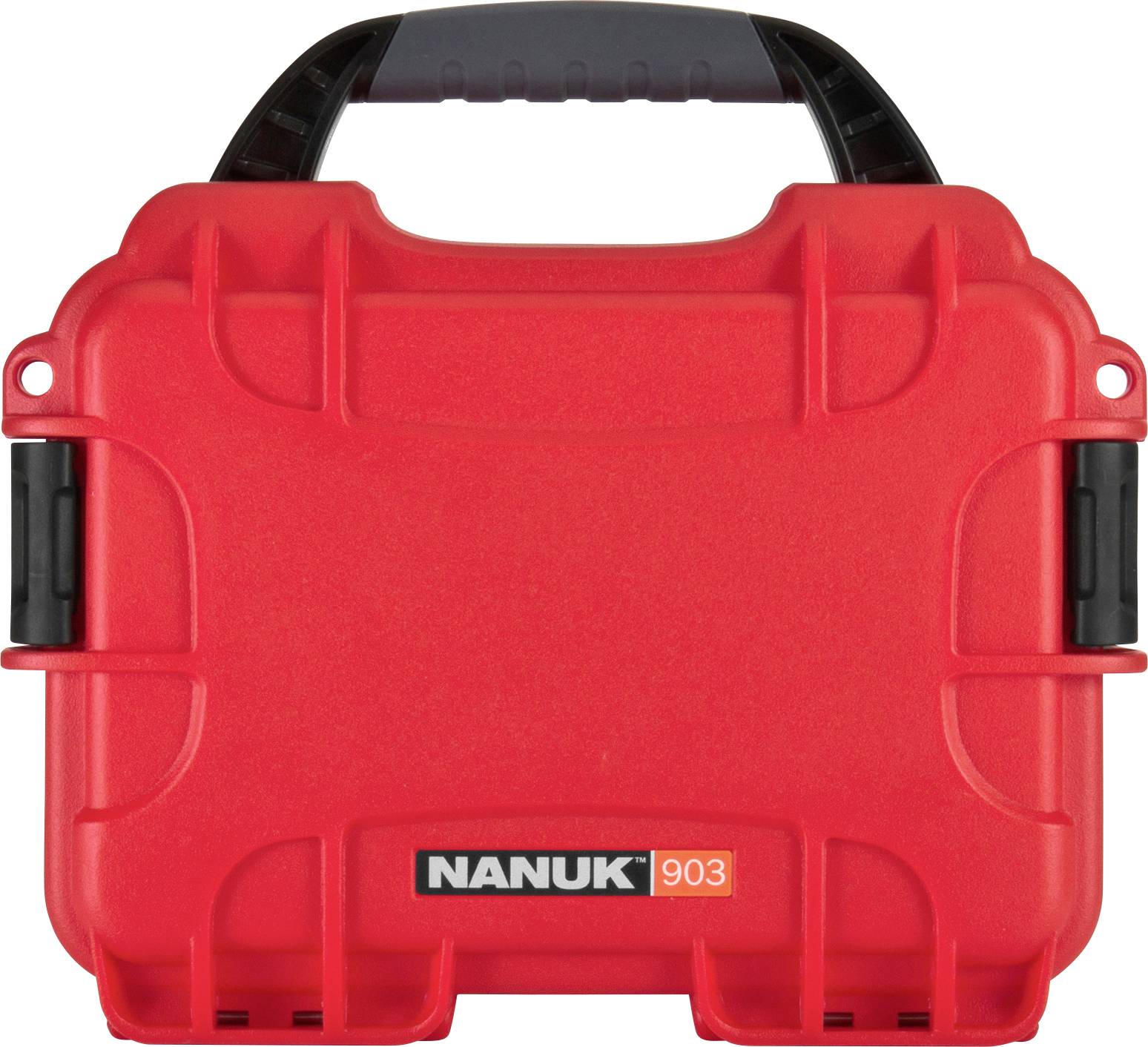 Red, robust Nanuk 903 protective case with black handle. Ideal for protecting sensitive equipment or tools.