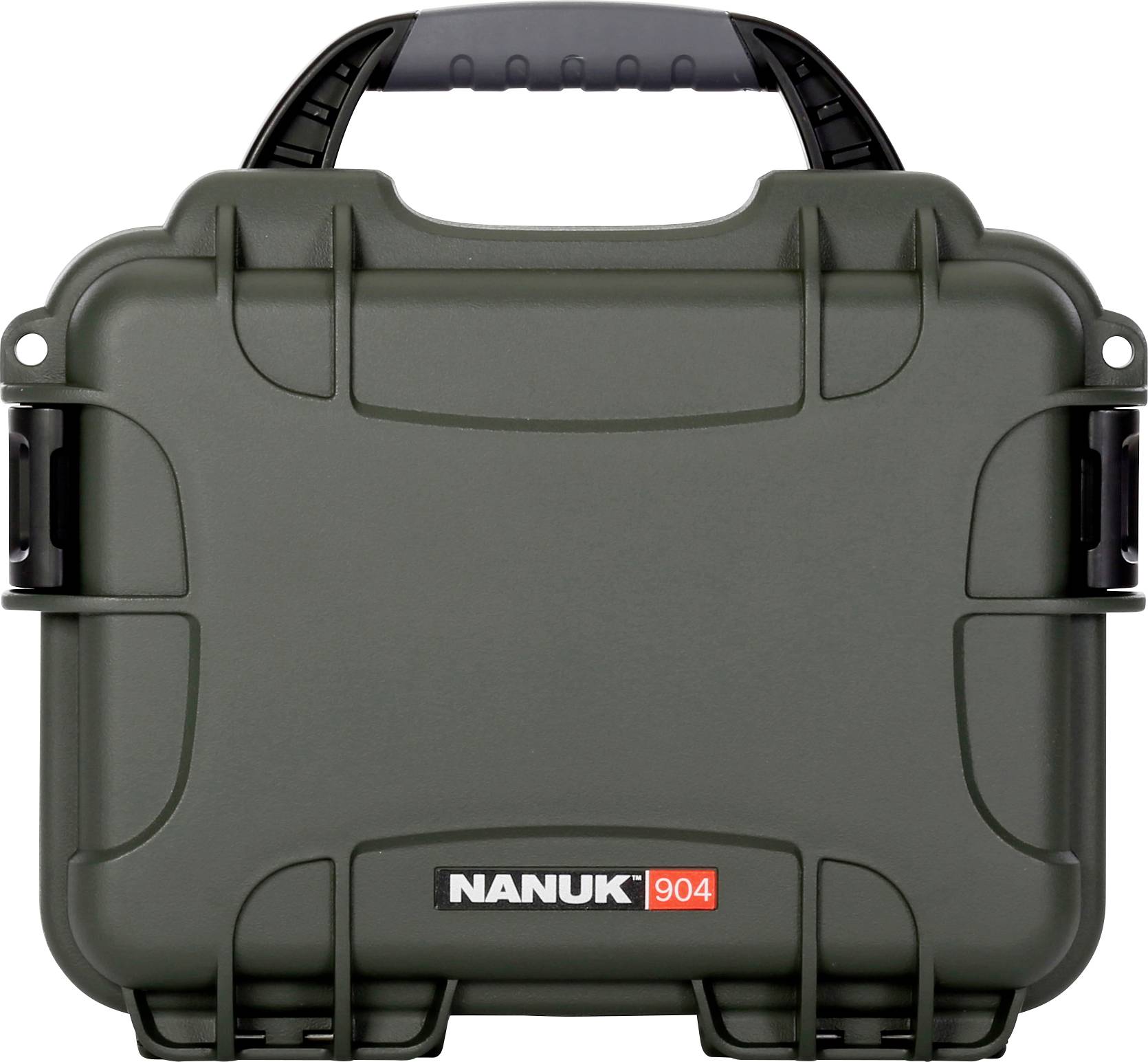 Green, robust suitcase with a black handle, marked with 'Nanuk 904'. Suitable for safely transporting delicate items.