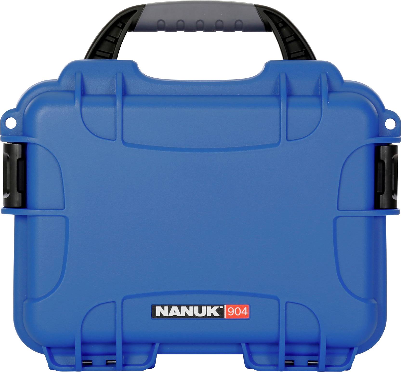 Blue, sturdy transport case with black handle and clasps. Brand name 'Nanuk' and model number '904' visible on the front.