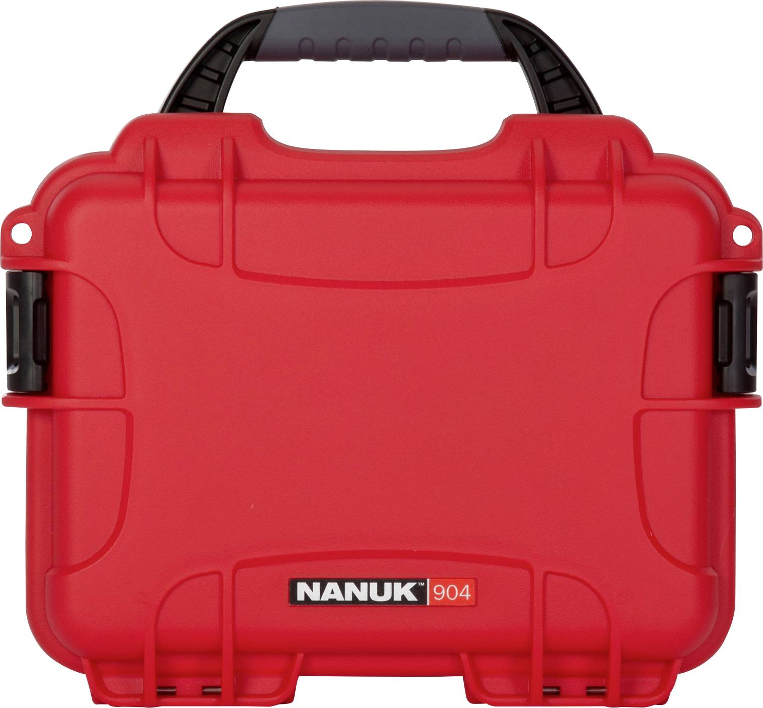 Red, robust protective case with black handle and fastenings, branded 'Nanuk 904', designed for secure storage.