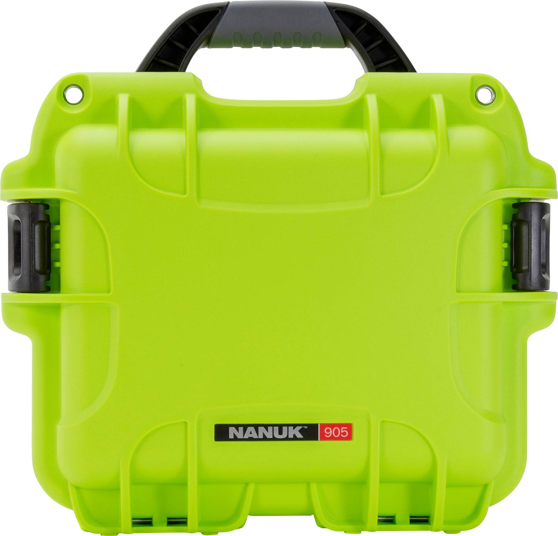 Green Nanuk 905 protective case with black handle and latches, robust design, suitable for transport and storage.