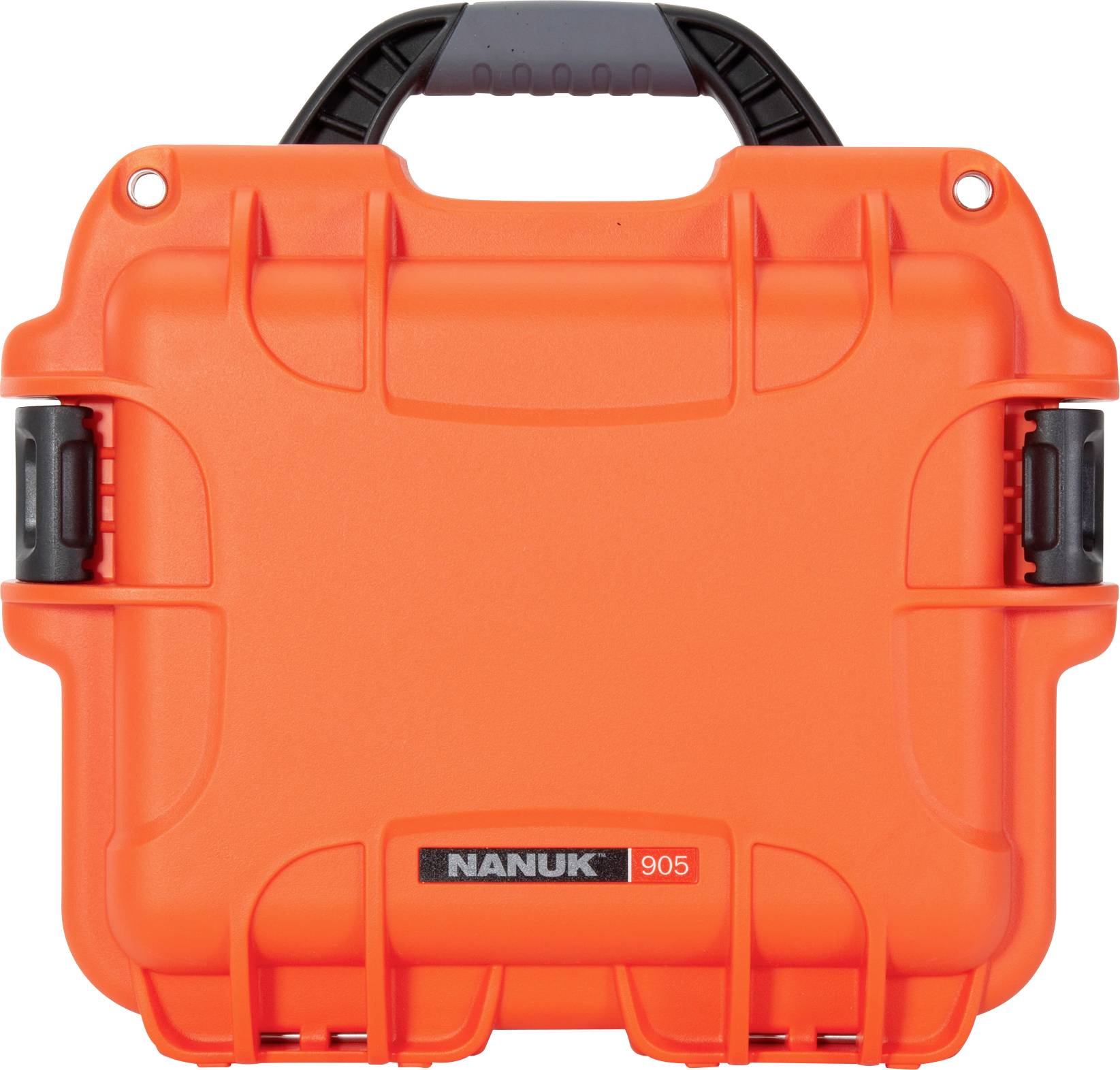 Orange, robust plastic transport case with a black handle and snap locks. 'NANUK 905' printed on the front.
