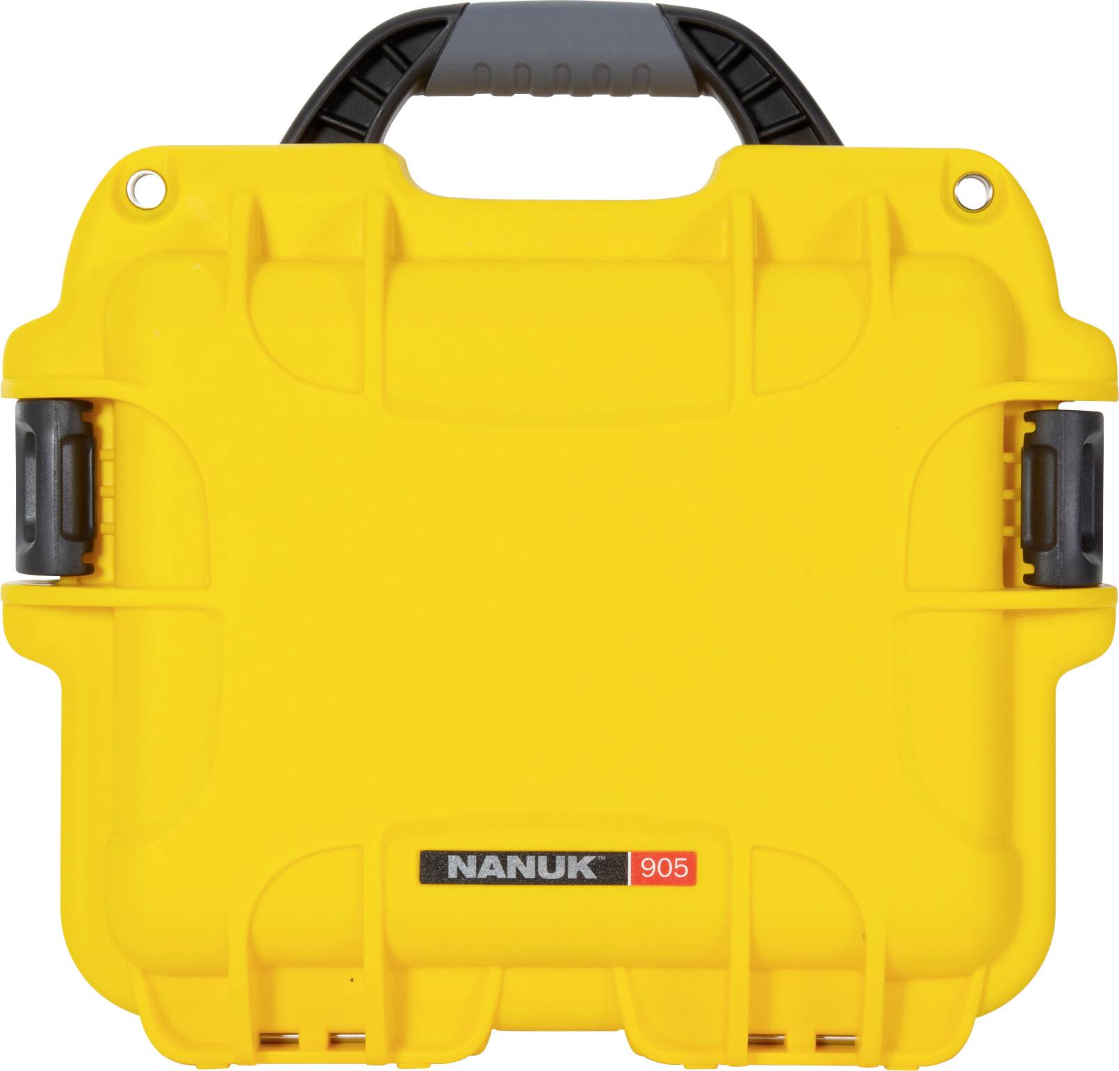 Yellow plastic case with black handle, sturdy and robust, for transporting and protecting delicate items, brand 'Nanuk 905'.