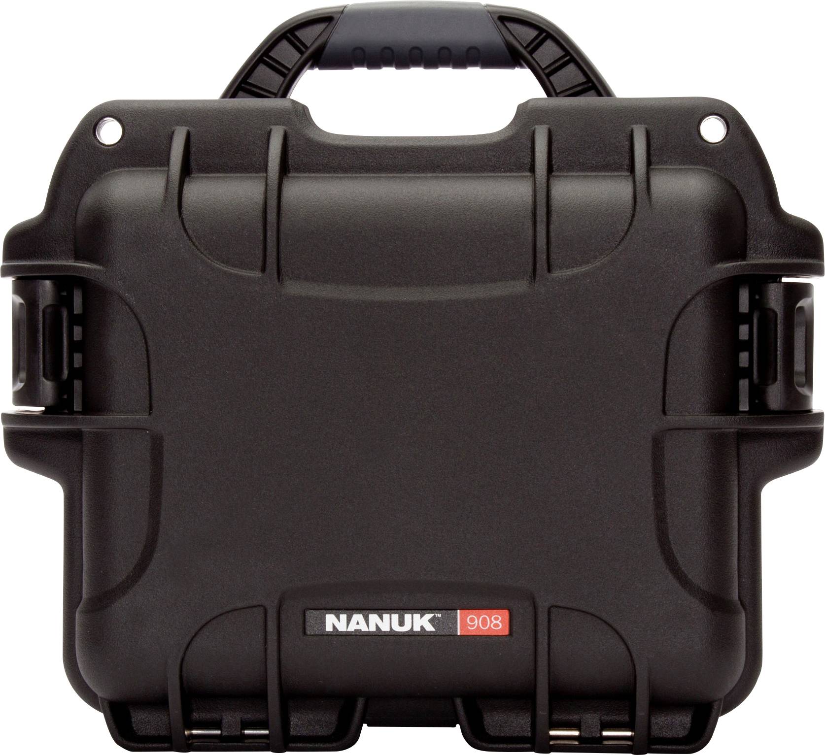 Black, robust Nanuk 908 case with a handle and security locks, suitable for protecting equipment.