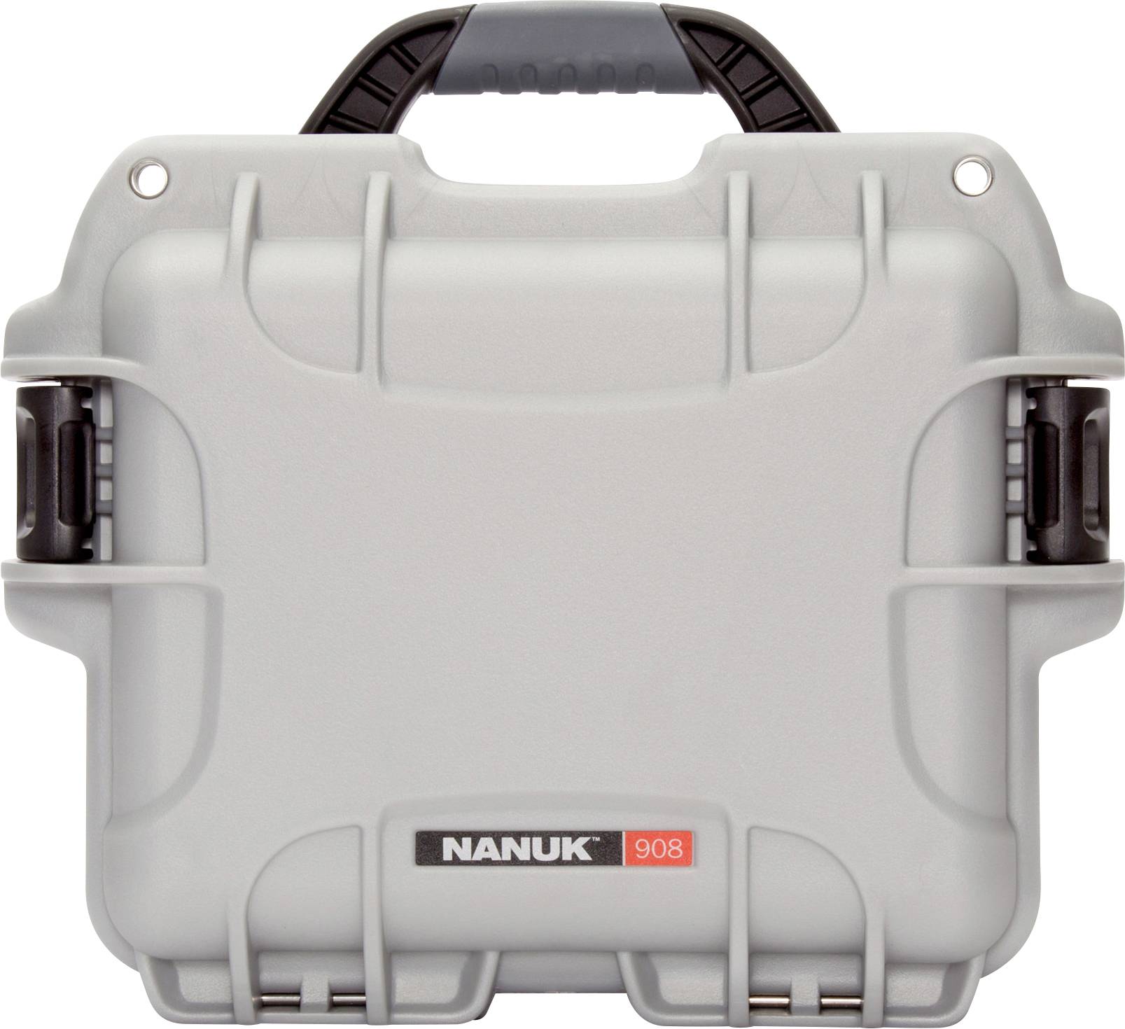 Grey Nanuk 908 protective case with black handle and latches, suitable for the secure transportation of delicate equipment.