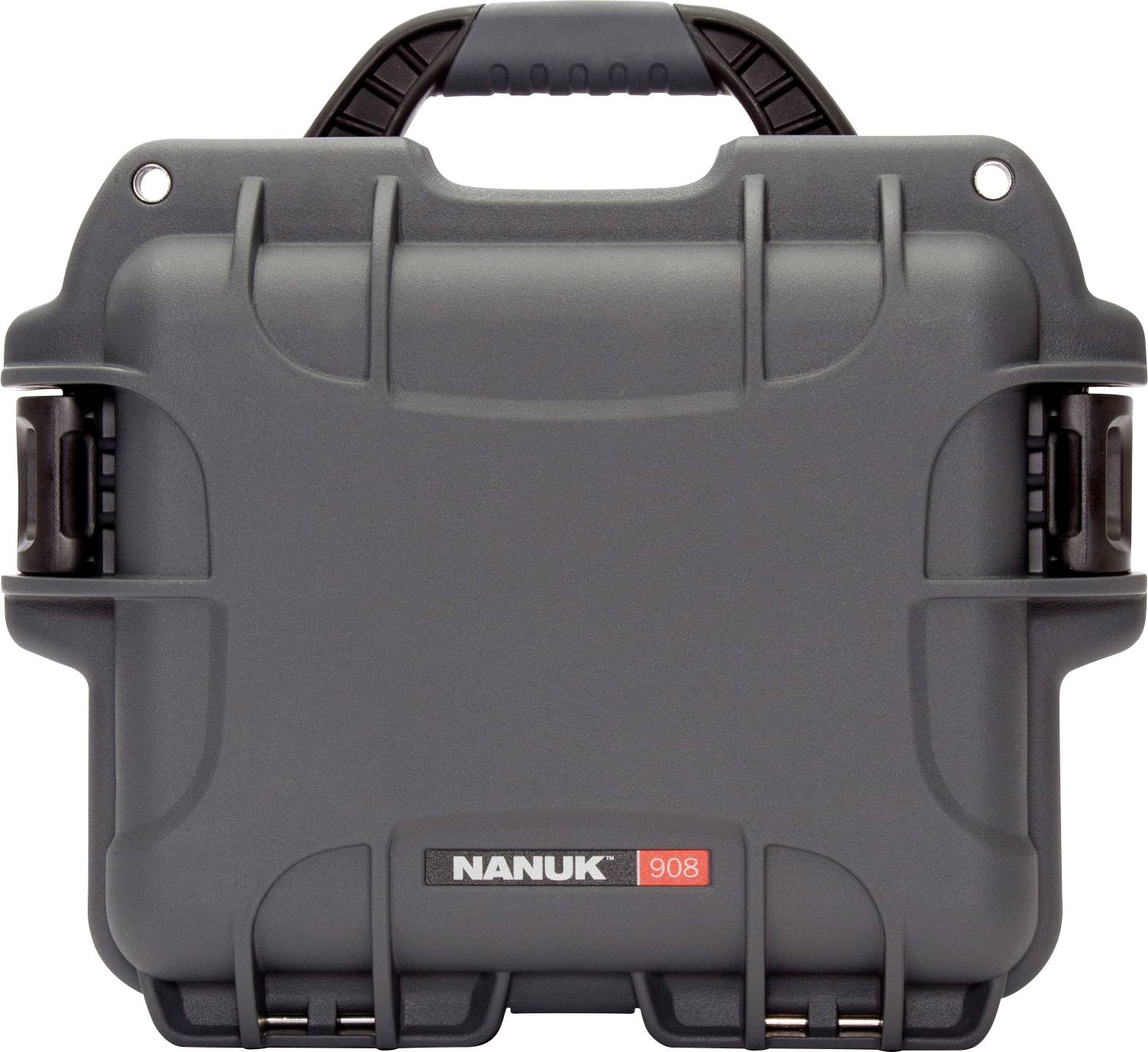 A robust, grey-black Nanuk 908 protective case with handle and two side latches, ideal for secure device transportation.