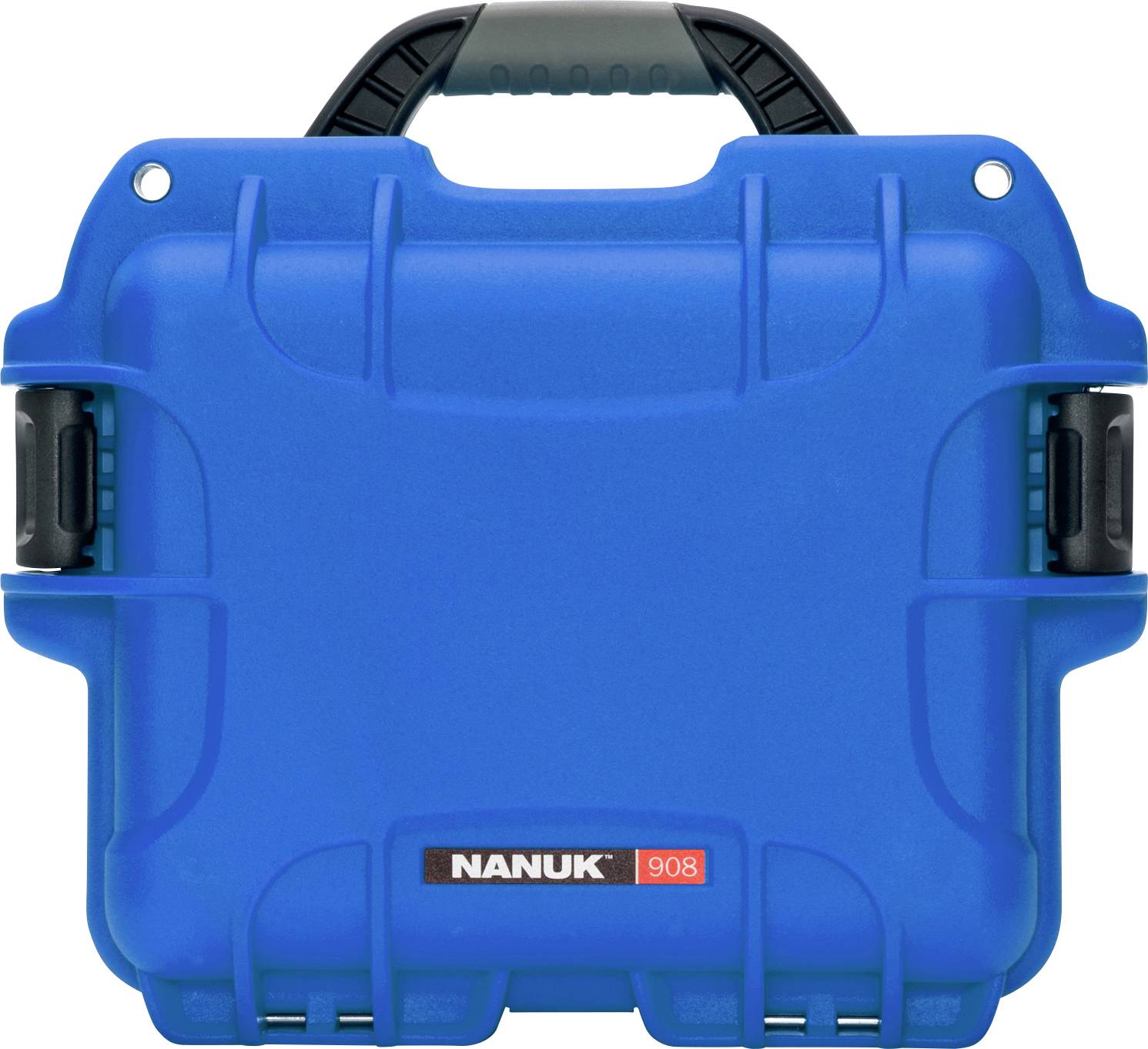 Blue, robust transport case with black handle, brand name 'NANUK 908' on the front.