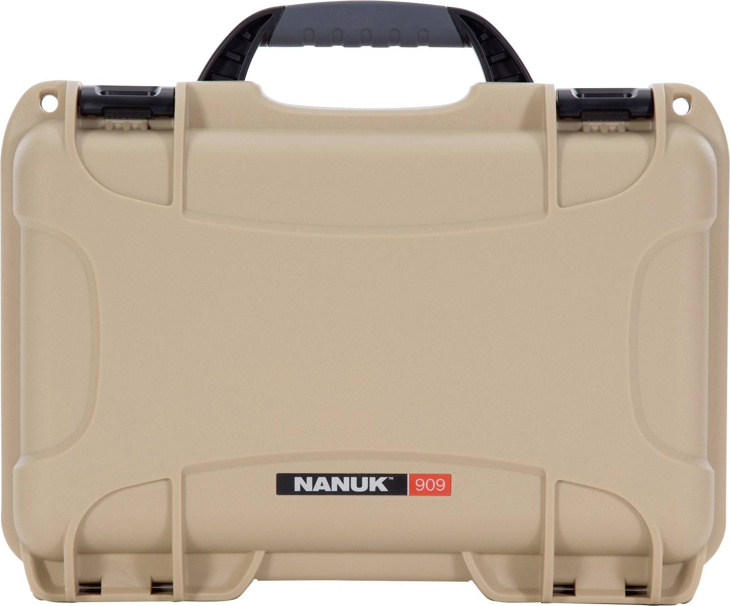 A beige protective case with a handle, robust design and the print 'NANUK 909'. Suitable for safely transporting delicate items.