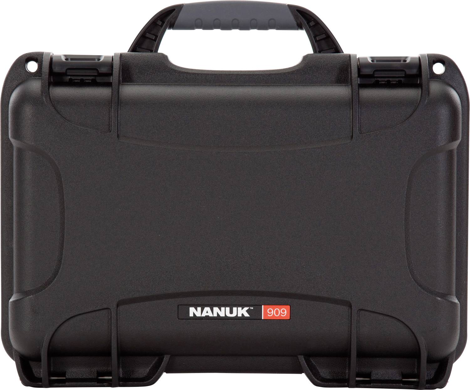 A black hard-shell case with carry handle. Logo: 'NANUK 909'. The case is sturdy and suitable for secure transport.
