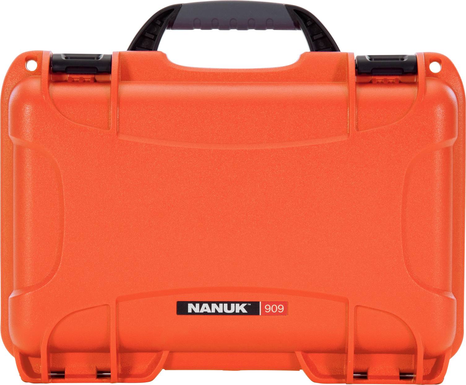 An orange hard-shell suitcase by the brand 'Nanuk', model 909, with a black handle on top.