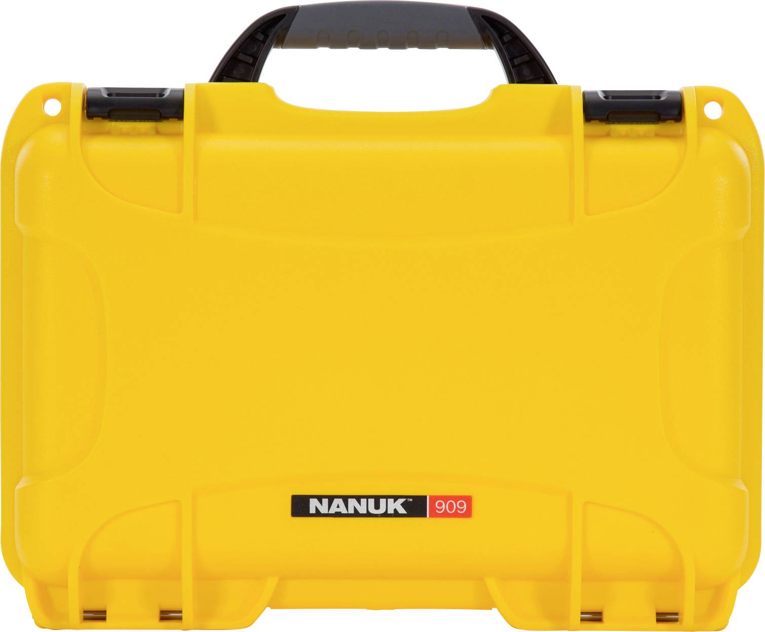 Yellow, robust protective case with black handle and latches. Printed with 'NANUK 909'. Suitable for secure transportation.