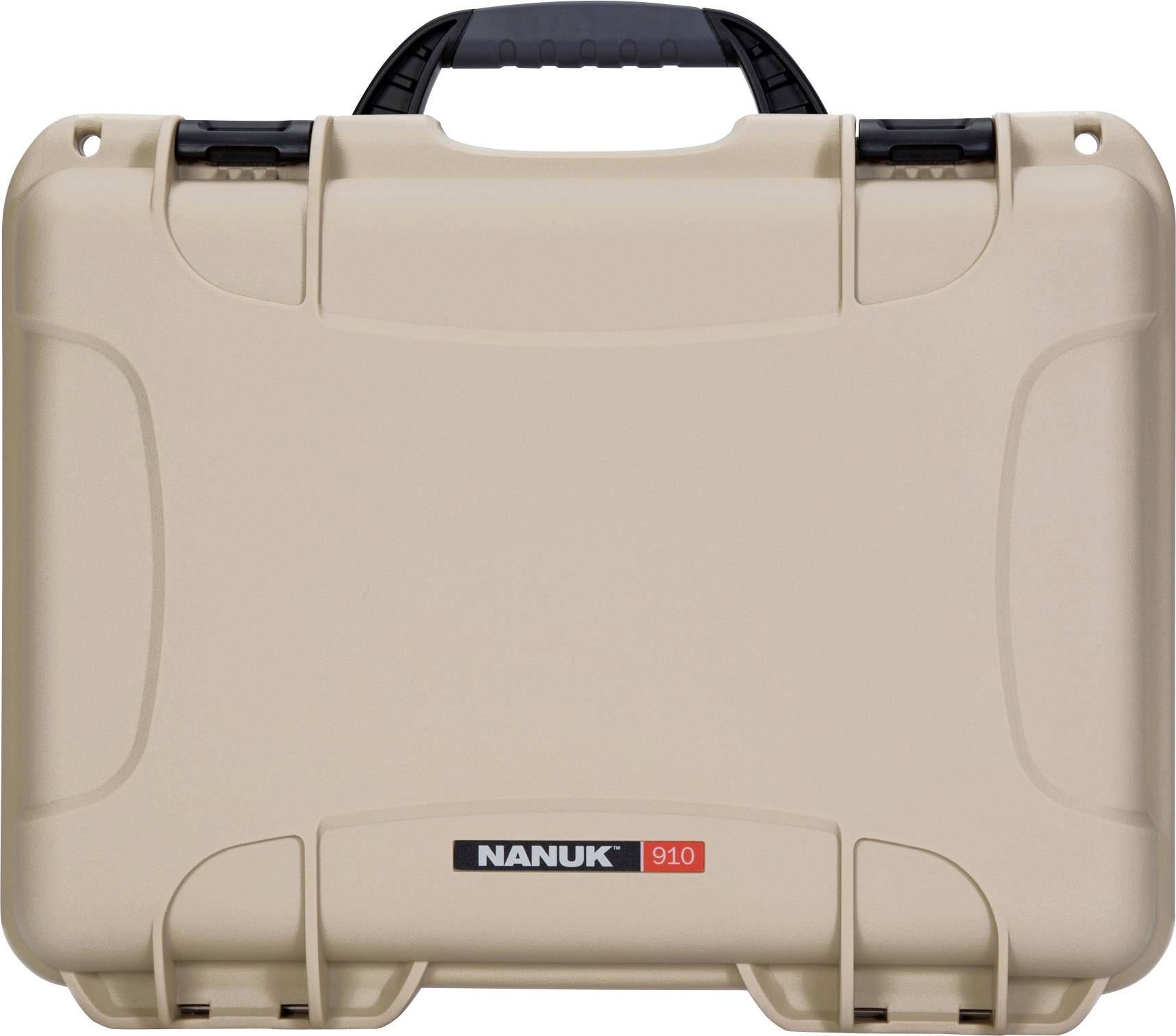 Beige protective case with handle, marked 'NANUK 910', suitable for transporting and protecting sensitive equipment.