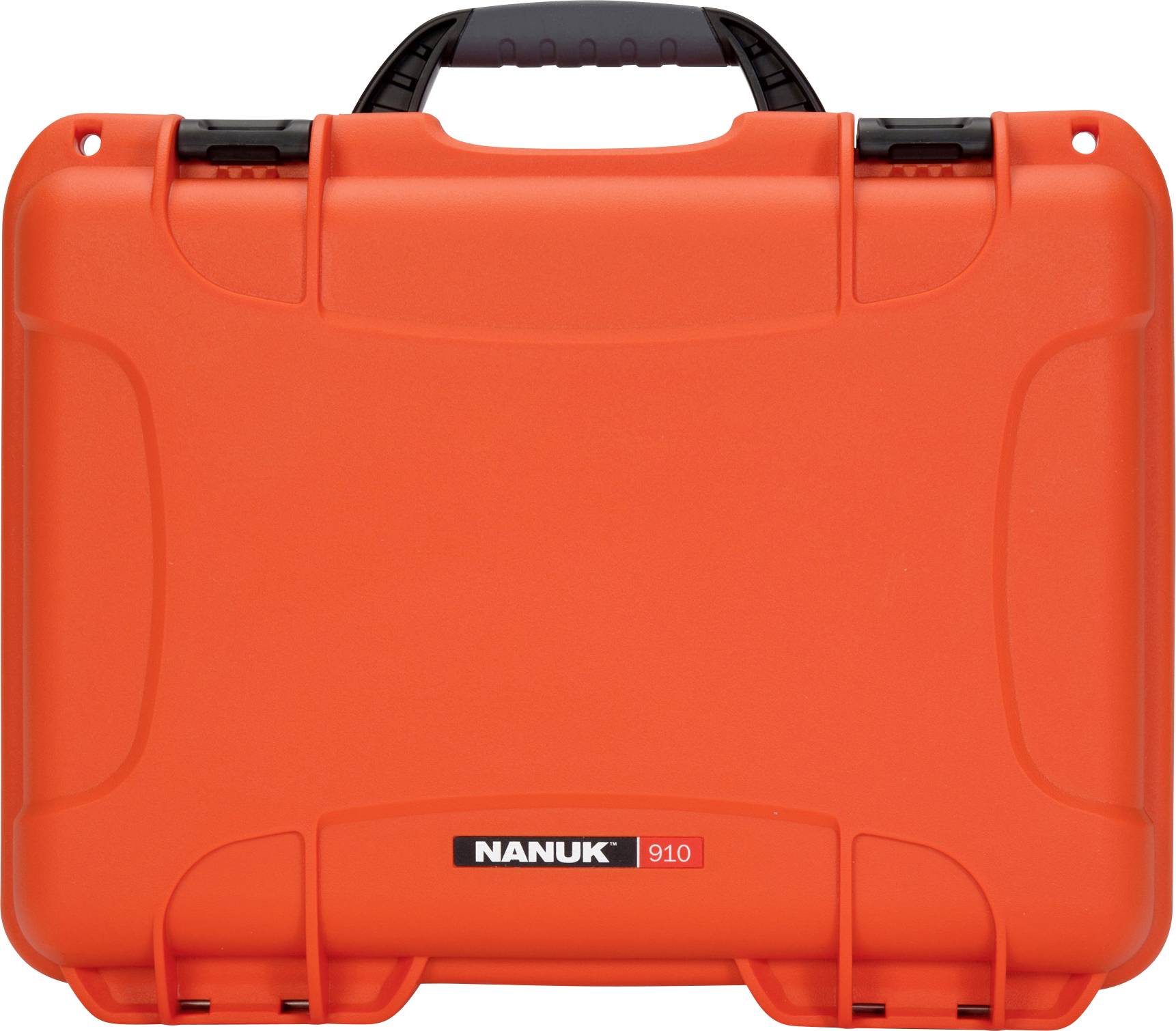 Orange protective case with black handle. Printed: 'NANUK 910'. Case for transporting and protecting sensitive equipment.