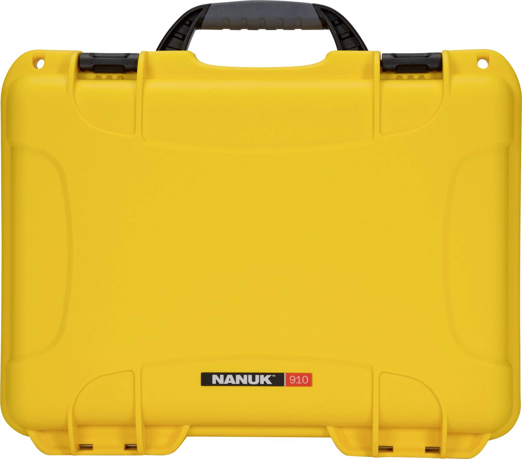Yellow, robust suitcase with black handle and locks, inscription 'NANUK 910'. Suitable for securely transporting items.