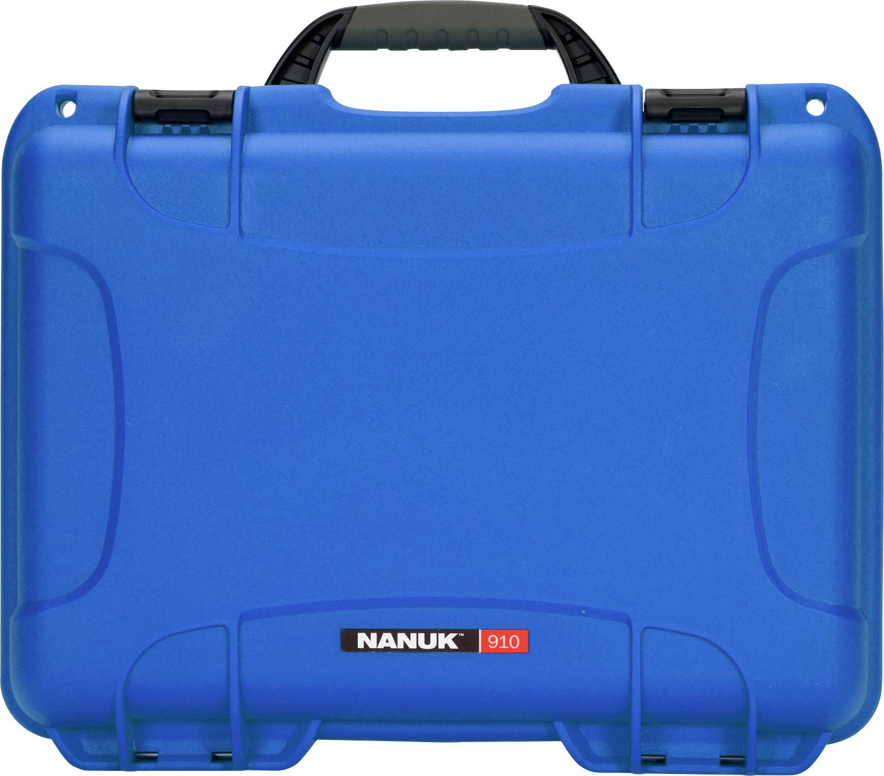 Blue, robust transport case with black handle and red shield '910'. Suitable for secure transportation of delicate items.