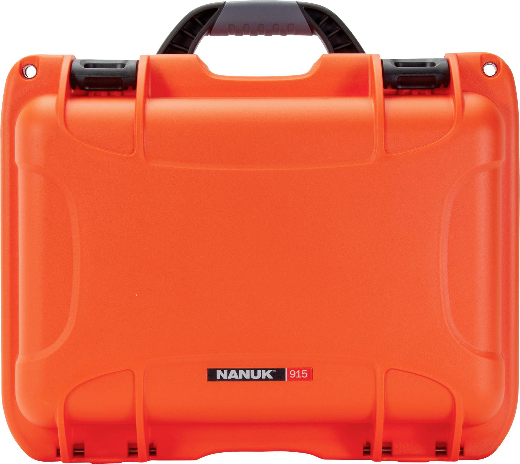 An orange, robust protective case with a black handle and latches. The case bears the brand 'NANUK 915'.