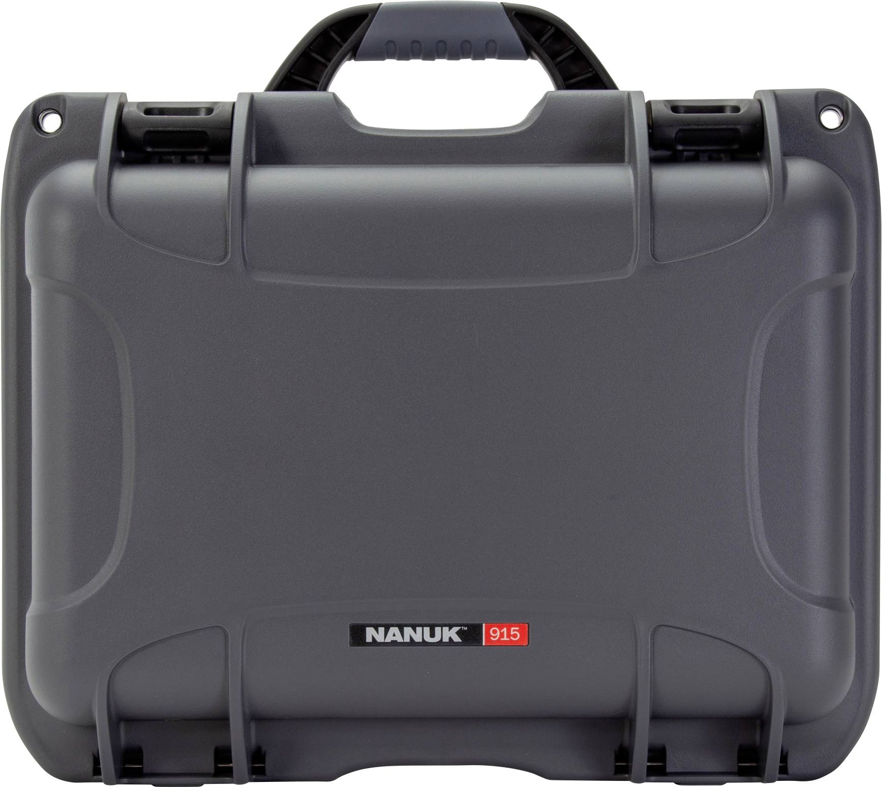 Dark, robust protective case with carry handle and 'Nanuk 915' logo; suitable for the secure transportation of delicate items.