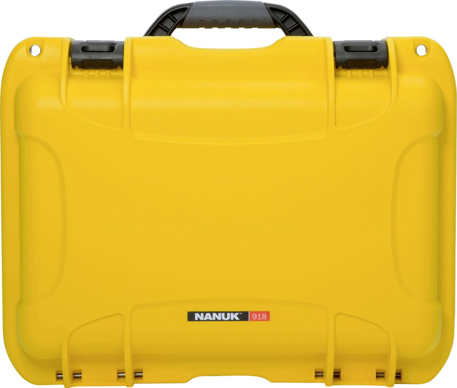 A yellow, robust suitcase with a black handle and 'NANUK 918' printed on the front, suitable for secure transportation.
