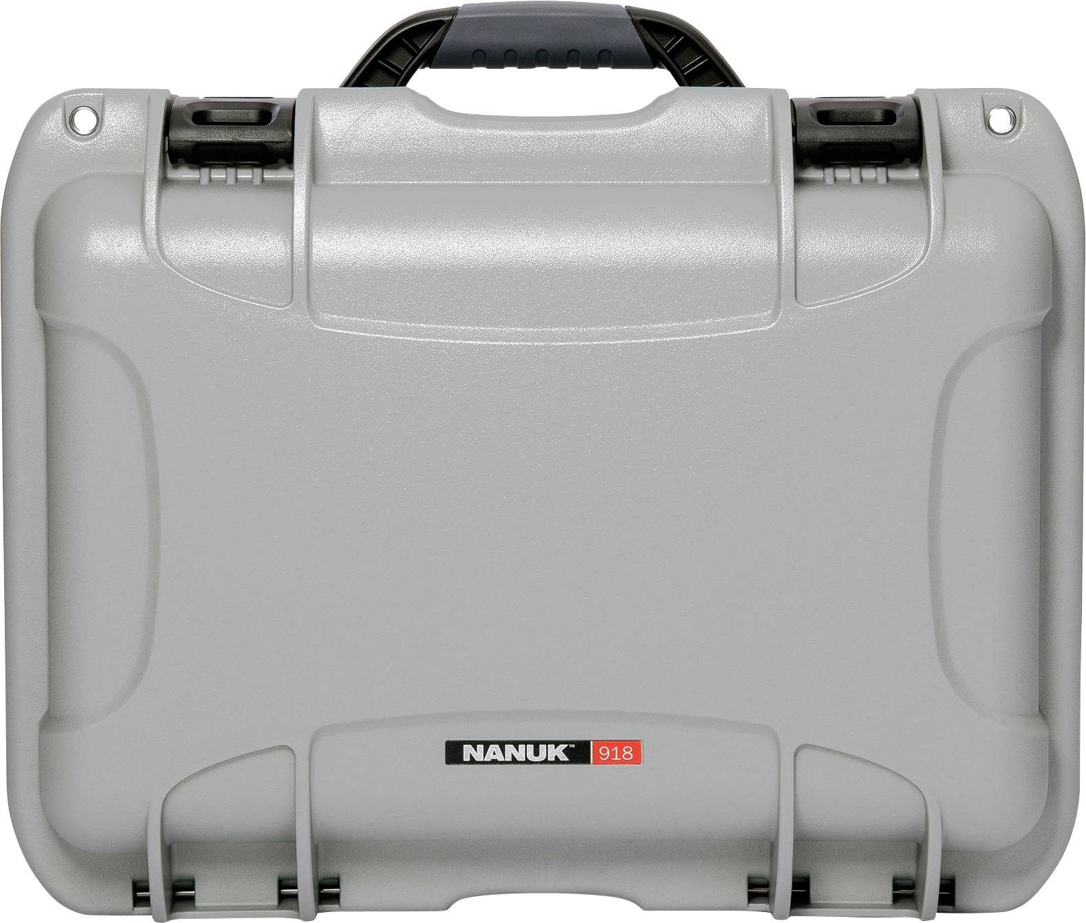 Grey Nanuk protective case with black handle, rectangular shape, robust construction, potentially for transporting delicate equipment.
