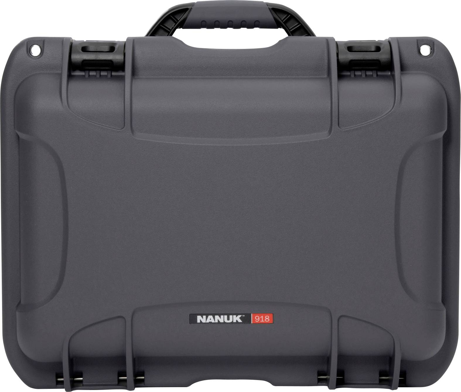 The image shows a robust, black hard-shell case by Nanuk, model 918, with a handle on top.