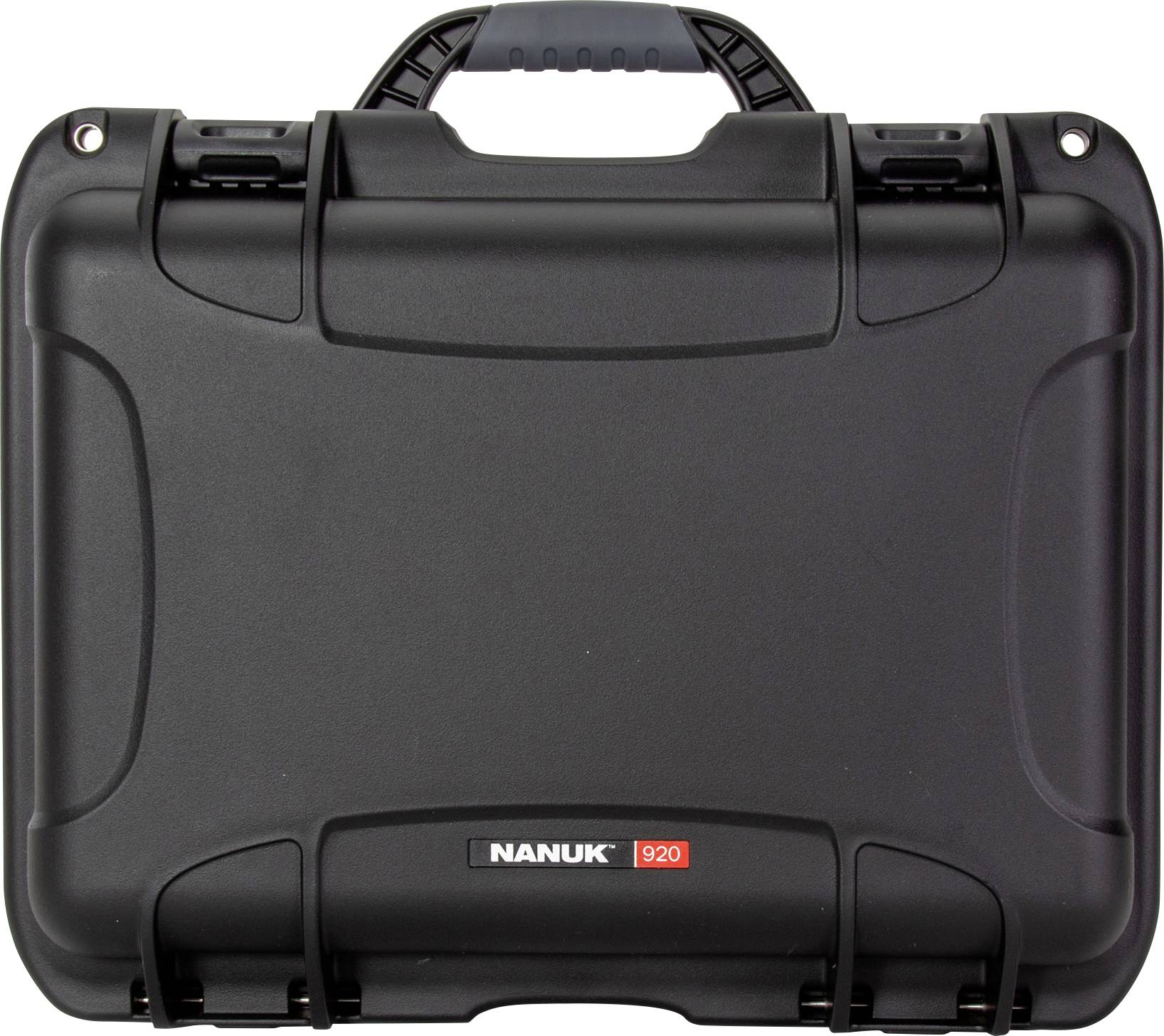 Black hard-shell suitcase with robust design, brand logo 'Nanuk 920' on the front, suitable for secure transportation.