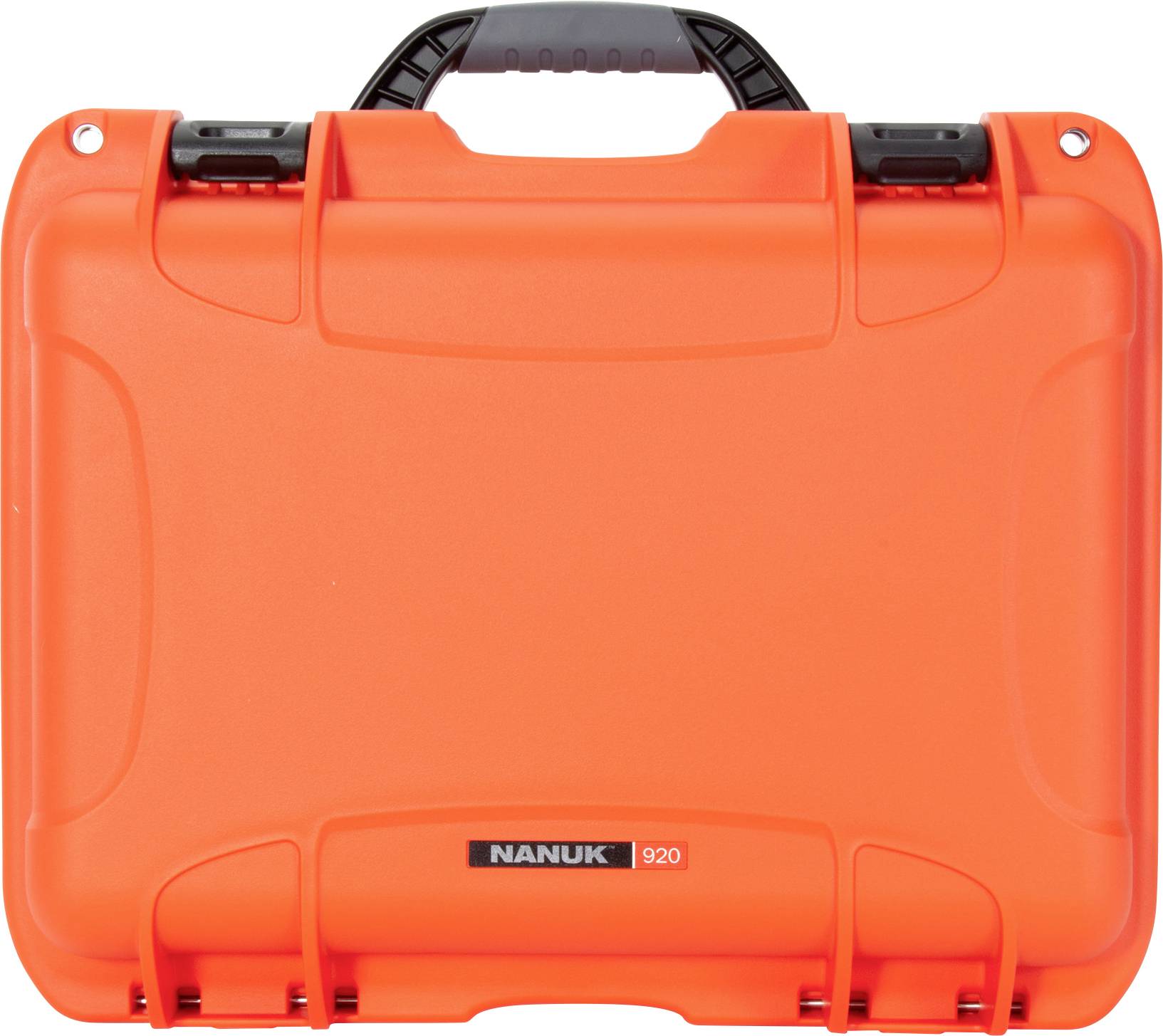 An orange, robust suitcase with a black handle, brand name 'Nanuk 920' visible.