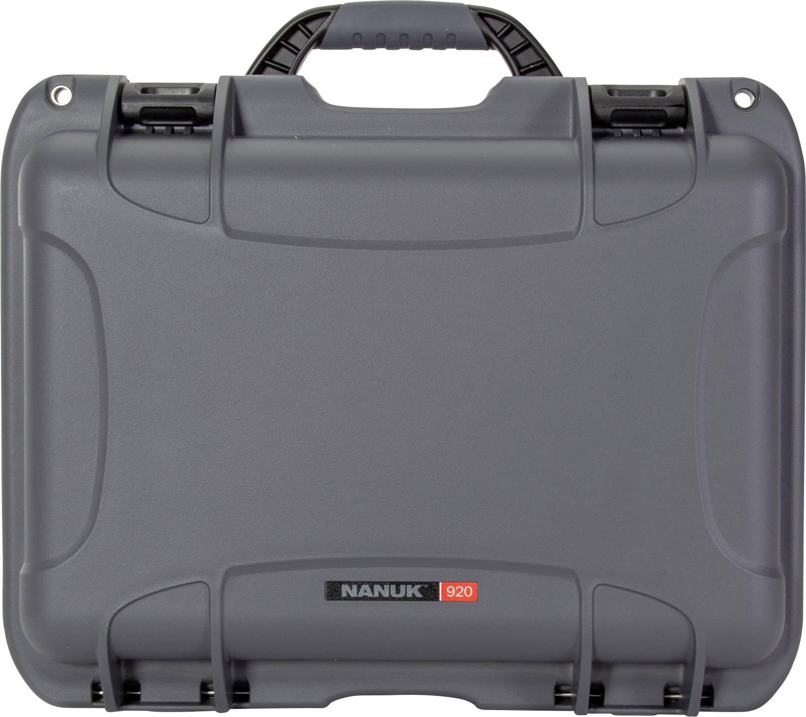 Grey, robust suitcase with a black handle and a red label reading 'Nanuk 920'. Suitable for secure transportation.