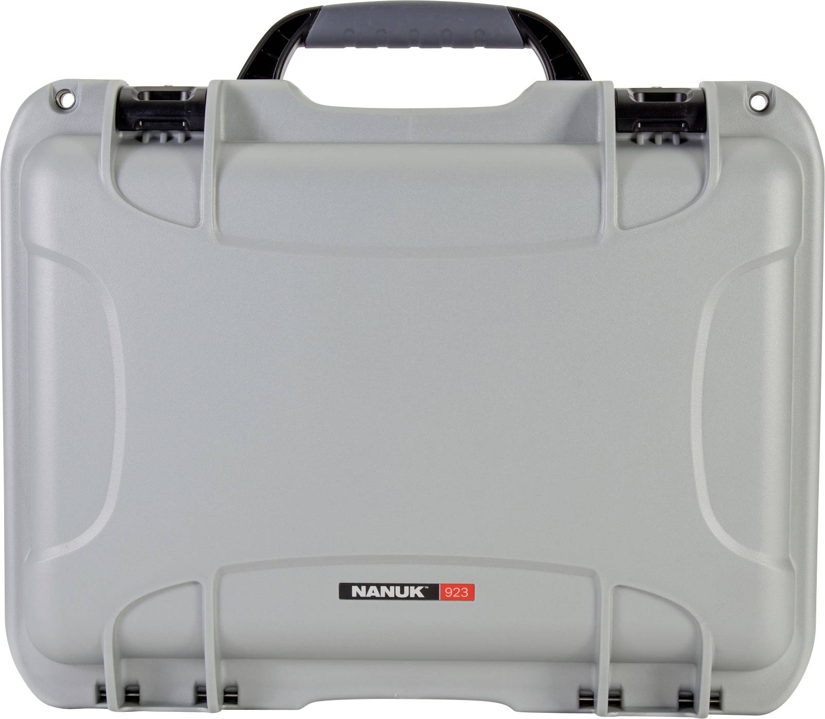 Grey, robust Nanuk case with black handle and catches. Front side displays the Nanuk logo and model number 923.