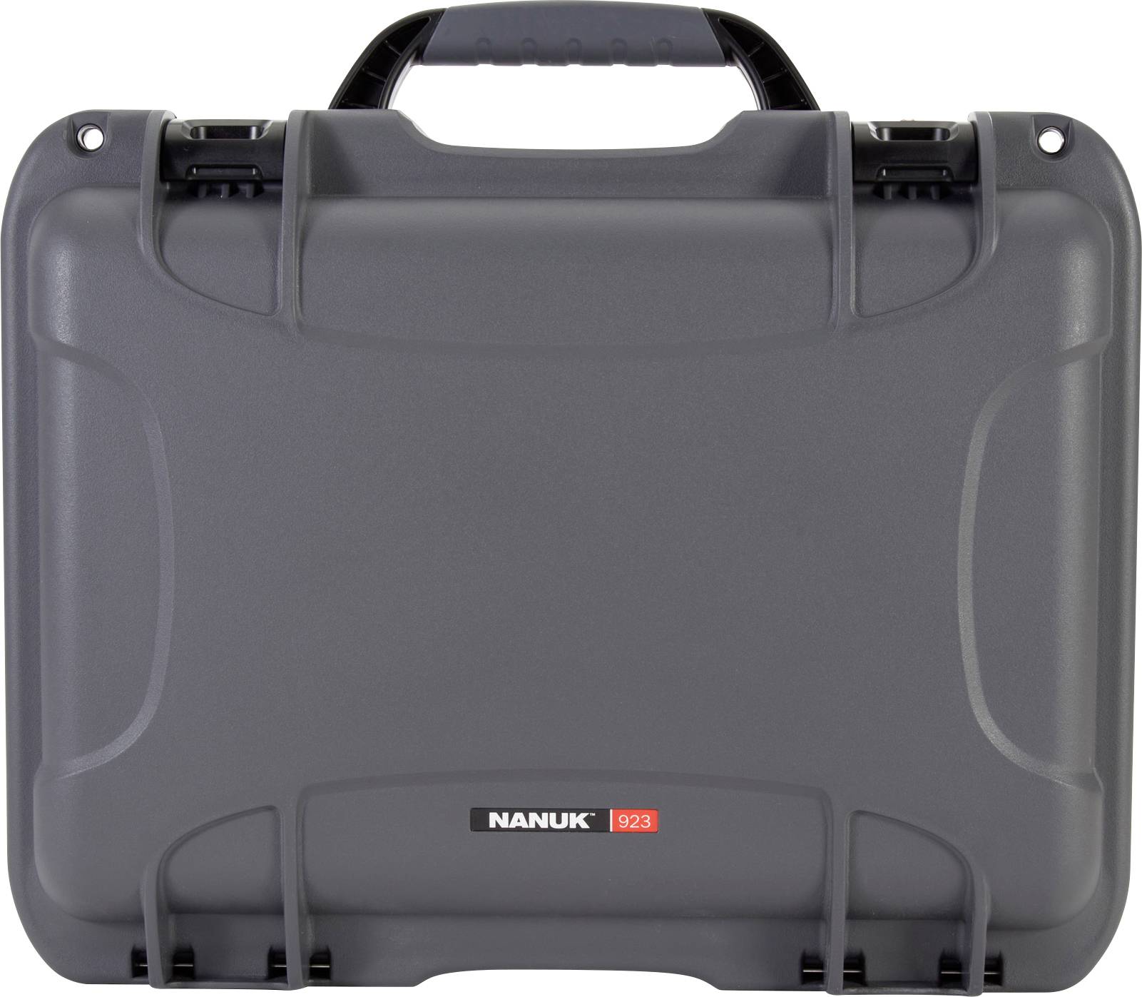 A grey, sturdy suitcase with a black handle and red '923' label. Designed for the protection and transportation of delicate equipment.