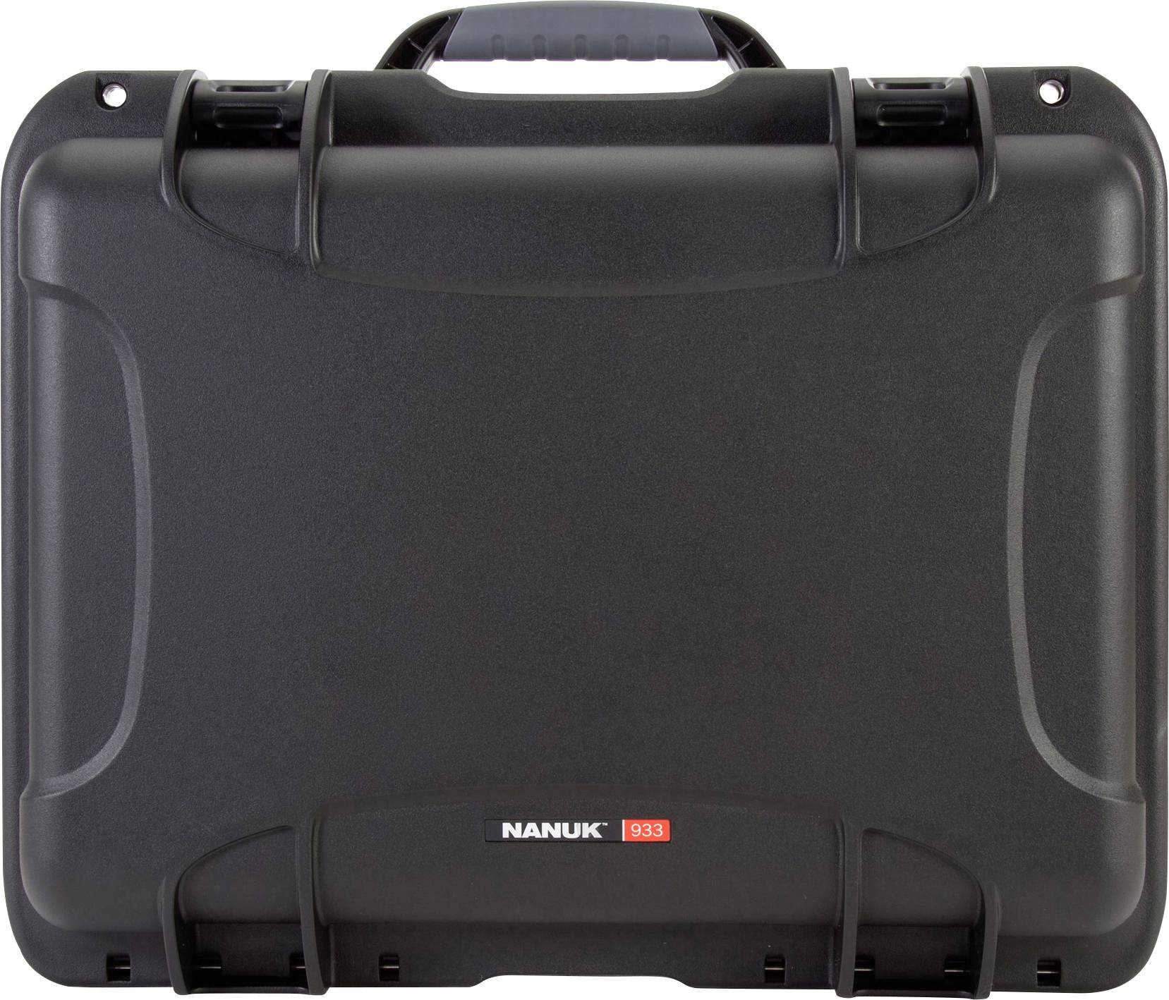 A sturdy, black hard-shell case with a grey handle on top. On the front, the inscription 'NANUK 933'.