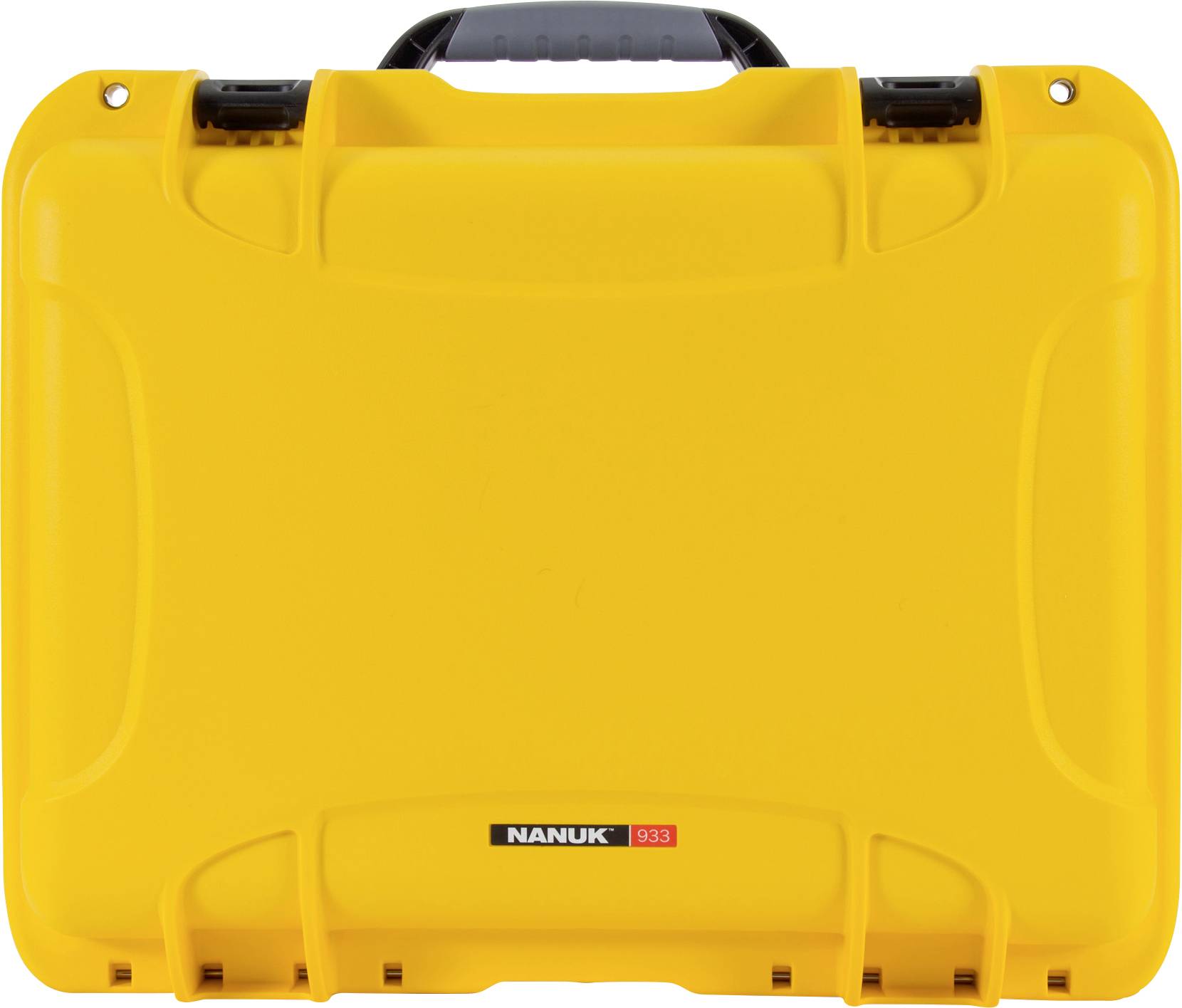 A bright yellow, rectangular suitcase with a black handle and the inscription 'NANUK 933' on the front.